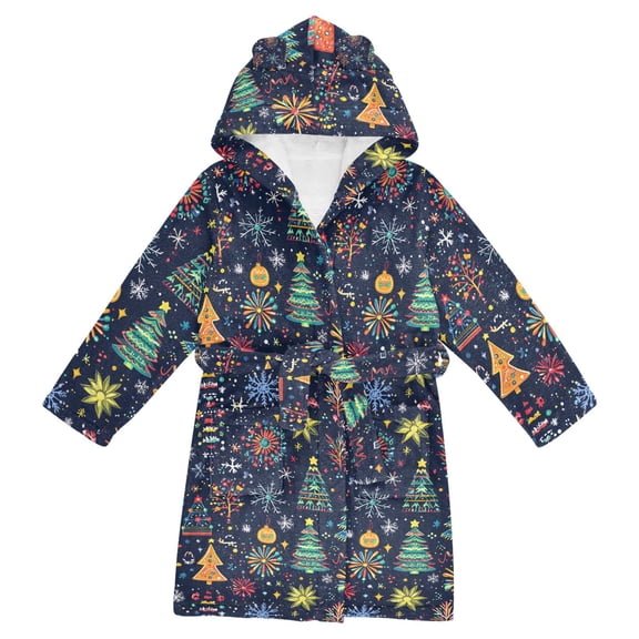 FORMRS Niños Bathrobe Unisex Hooded Robe Soft Plush Pajamas Sleepwear, Size 2-3T, Dark Blue Christmas