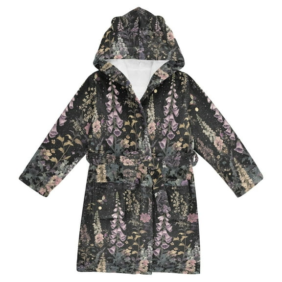 FORMRS Niños Bathrobe Unisex Hooded Robe Soft Plush Pajamas Sleepwear, Size 2-3T, Dark Flowers Pattern