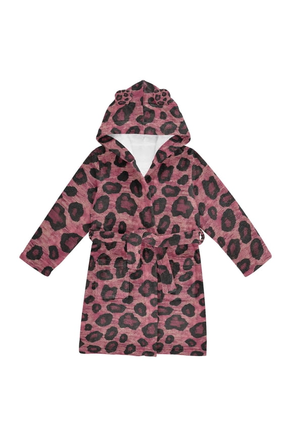Niños Bathrobe Unisex Hooded Robe Soft Plush Pajamas Sleepwear, Size 2-3T, Deep Red Leopard Pattern