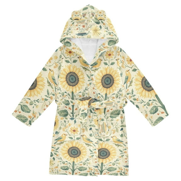 FORMRS Niños Bathrobe Unisex Hooded Robe Soft Plush Pajamas Sleepwear, Size 2-3T, Floral Birds Pattern