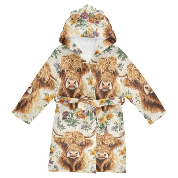 FORMRS Niños Bathrobe Unisex Hooded Robe Soft Plush Pajamas Sleepwear, Size 2-3T, Floral Cow