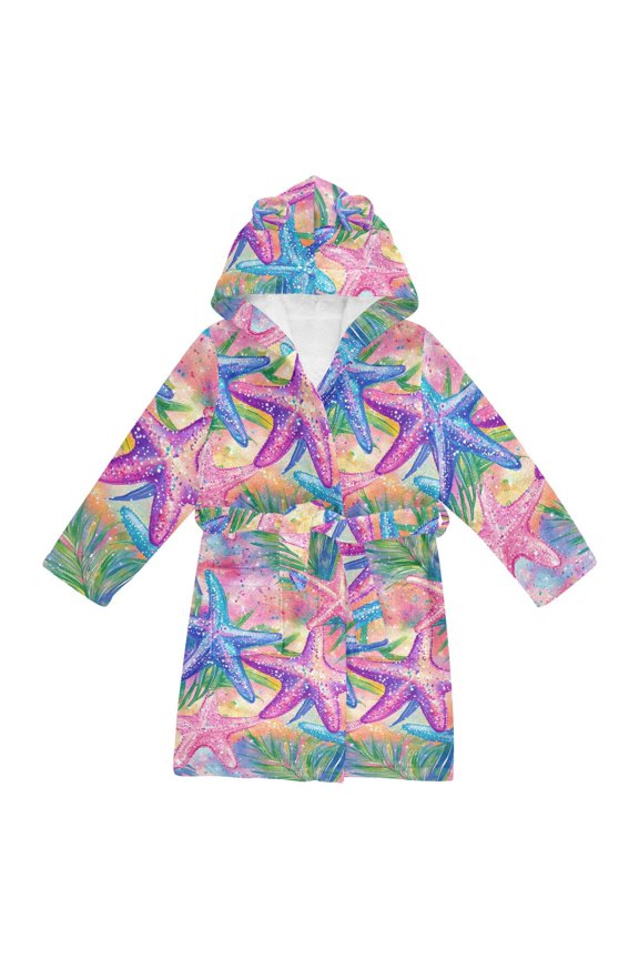 Niños Bathrobe Unisex Hooded Robe Soft Plush Pajamas Sleepwear, Size 2-3T, Gradient Starfish Pattern