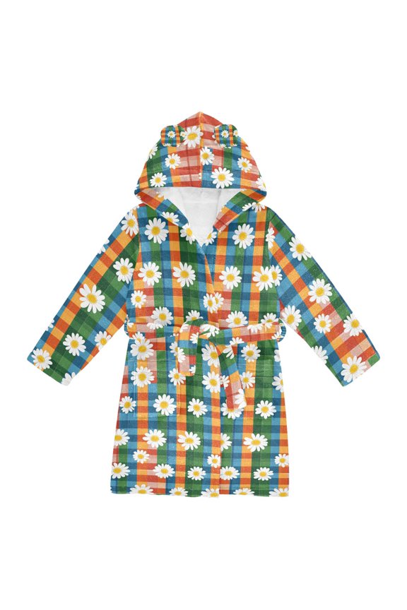 Niños Bathrobe Unisex Hooded Robe Soft Plush Pajamas Sleepwear, Size 2-3T, Green Checkered Daisy