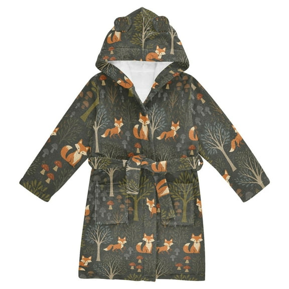 FORMRS Niños Bathrobe Unisex Hooded Robe Soft Plush Pajamas Sleepwear, Size 2-3T, Green Forest Fox Pattern