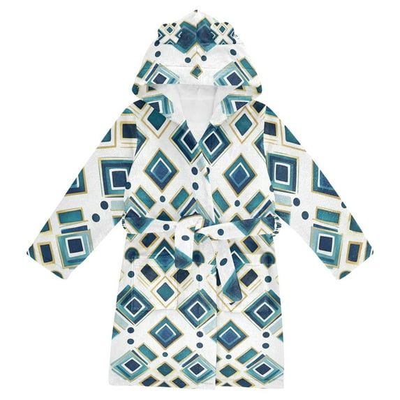 FORMRS Niños Bathrobe Unisex Hooded Robe Soft Plush Pajamas Sleepwear, Size 2-3T, Green Geometric Pattern