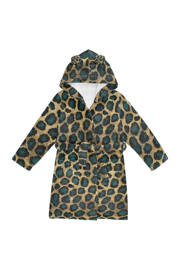 Niños Bathrobe Unisex Hooded Robe Soft Plush Pajamas Sleepwear, Size 2-3T, Green Leopard Pattern