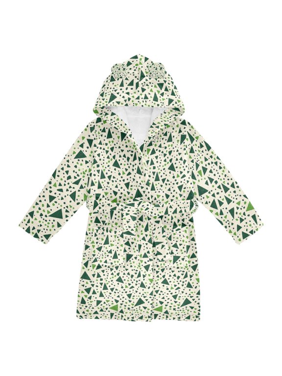 Niños Bathrobe Unisex Hooded Robe Soft Plush Pajamas Sleepwear, Size 2-3T, Green Triangles Pattern