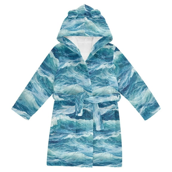 FORMRS Kids Bathrobe Unisex Hooded Robe Toddler Pajamas Sleepwear, Size 2-3T, Green Watercolor Ocean Waves