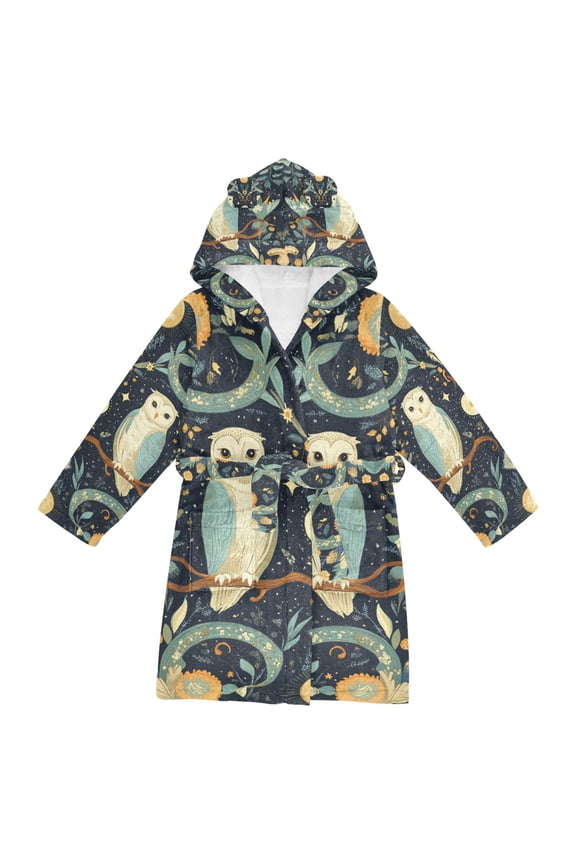 Niños Bathrobe Unisex Hooded Robe Soft Plush Pajamas Sleepwear, Size 2-3T, Mystical Owls Pattern