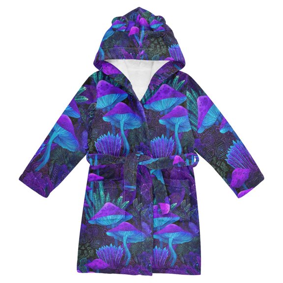 FORMRS Niños Bathrobe Unisex Hooded Robe Soft Plush Pajamas Sleepwear, Size 2-3T, Night Mushrooms Pattern