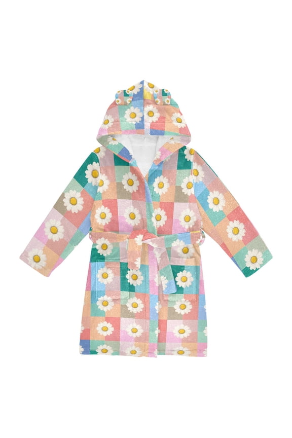 Niños Bathrobe Unisex Hooded Robe Soft Plush Pajamas Sleepwear, Size 2-3T, Pink Checkered Daisy