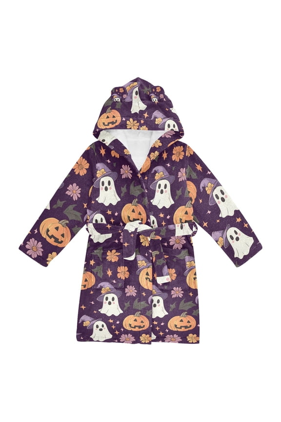 Niños Bathrobe Unisex Hooded Robe Soft Plush Pajamas Sleepwear, Size 2-3T, Purple Ghost Pumpkin Pattern