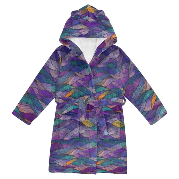 FORMRS Niños Bathrobe Unisex Hooded Robe Soft Plush Pajamas Sleepwear, Size 2-3T, Purple Waves Pattern