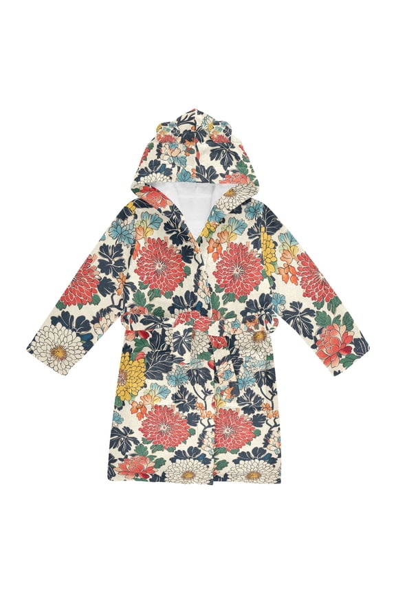 Niños Bathrobe Unisex Hooded Robe Soft Plush Pajamas Sleepwear, Size 2-3T, Red Flowers Pattern