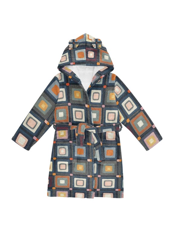 Niños Bathrobe Unisex Hooded Robe Soft Plush Pajamas Sleepwear, Size 2-3T, Square Harmony