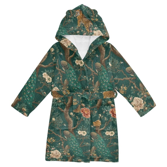 FORMRS Niños Bathrobe Unisex Hooded Robe Soft Plush Pajamas Sleepwear, Size 2-3T, Tiger and Peacock Pattern