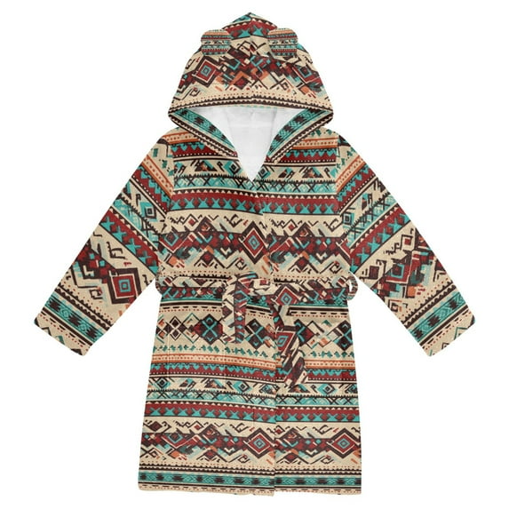 FORMRS Niños Bathrobe Unisex Hooded Robe Soft Plush Pajamas Sleepwear, Size 2-3T, Tribal Art