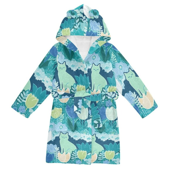 FORMRS Niños Bathrobe Unisex Hooded Robe Soft Plush Pajamas Sleepwear, Size 2-3T, Vibrant Cat Pattern