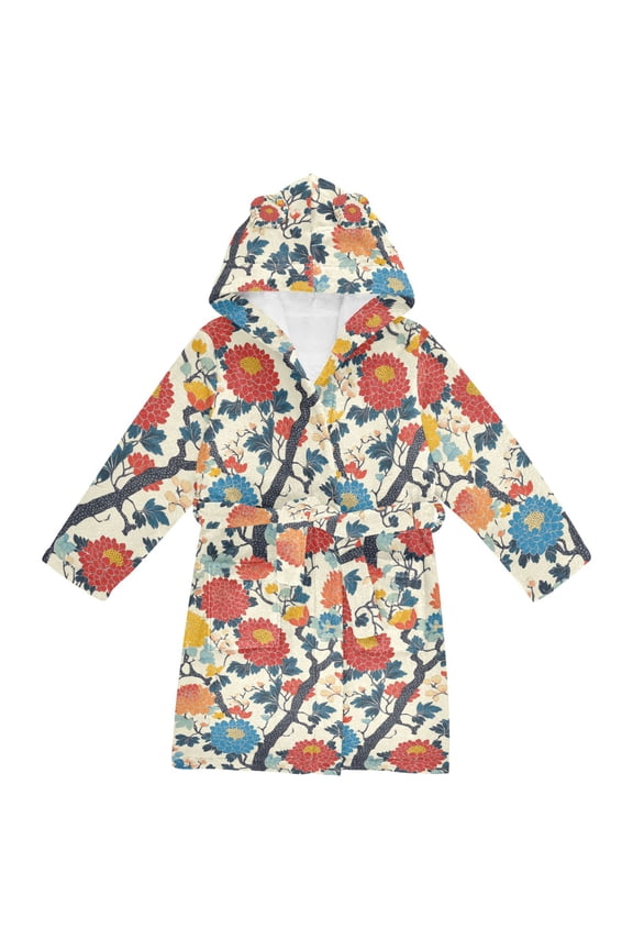 Niños Bathrobe Unisex Hooded Robe Soft Plush Pajamas Sleepwear, Size 2-3T, Vibrant Japanese Flowers