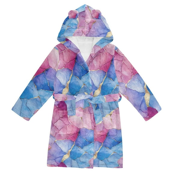 FORMRS Niños Bathrobe Unisex Hooded Robe Soft Plush Pajamas Sleepwear, Size 2-3T, Watercolor Blue Marble Pattern