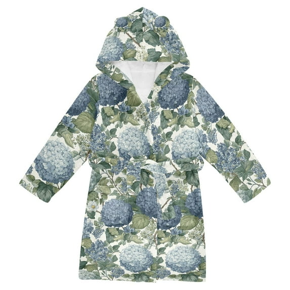FORMRS Niños Bathrobe Unisex Hooded Robe Soft Plush Pajamas Sleepwear, Size 2-3T, Watercolor Hydrangeas Pattern