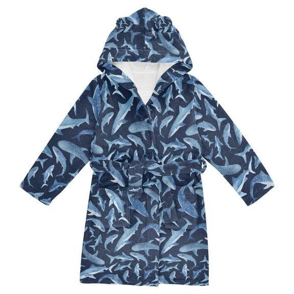 FORMRS Niños Bathrobe Unisex Hooded Robe Soft Plush Pajamas Sleepwear, Size 2-3T, Watercolor Shark Pattern