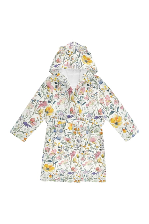 Kids Bathrobe Unisex Hooded Robe Toddler Pajamas Sleepwear, Size 2-3T, Watercolor Wildflowers