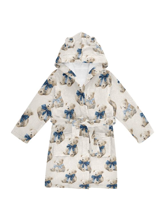 Niños Bathrobe Unisex Hooded Robe Soft Plush Pajamas Sleepwear, Size 4-6T, Beige Bears Pattern