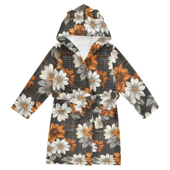 FORMRS Niños Bathrobe Unisex Hooded Robe Soft Plush Pajamas Sleepwear, Size 4-6T, Black Plaid Floral