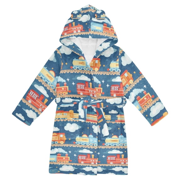 FORMRS Niños Bathrobe Unisex Hooded Robe Soft Plush Pajamas Sleepwear, Size 4-6T, Blue Cute Train Pattern