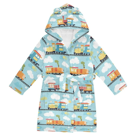 FORMRS Niños Bathrobe Unisex Hooded Robe Soft Plush Pajamas Sleepwear, Size 4-6T, Cartoon Train Pattern