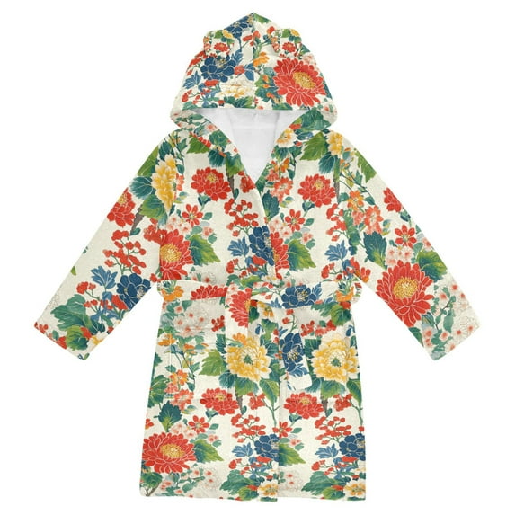 FORMRS Niños Bathrobe Unisex Hooded Robe Soft Plush Pajamas Sleepwear, Size 4-6T, Colorful Flowers Pattern