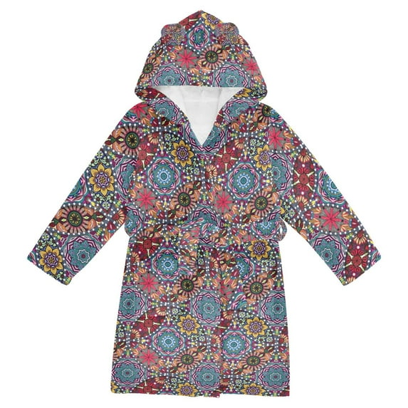 FORMRS Niños Bathrobe Unisex Hooded Robe Soft Plush Pajamas Sleepwear, Size 4-6T, Colorful Mandala Pattern