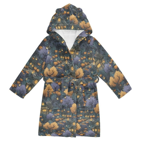 FORMRS Niños Bathrobe Unisex Hooded Robe Soft Plush Pajamas Sleepwear, Size 4-6T, Halloween Houses Pattern