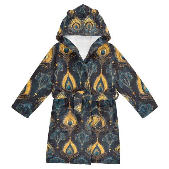 FORMRS Niños Bathrobe Unisex Hooded Robe Soft Plush Pajamas Sleepwear, Size 4-6T, Navy Blue Art Pattern