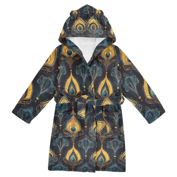 FORMRS Niños Bathrobe Unisex Hooded Robe Soft Plush Pajamas Sleepwear, Size 4-6T, Navy Blue Art Pattern