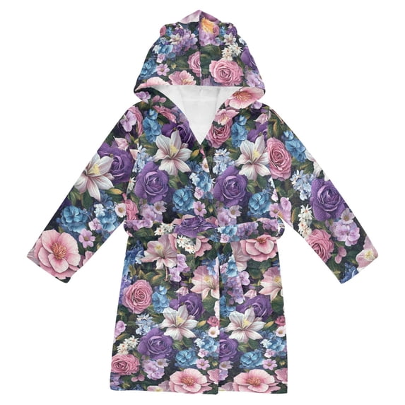 FORMRS Niños Bathrobe Unisex Hooded Robe Soft Plush Pajamas Sleepwear, Size 4-6T, Pink and Purple Flowers