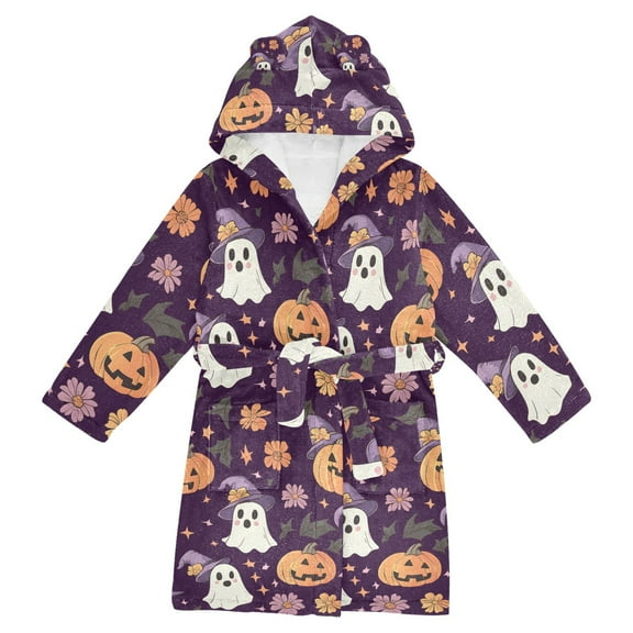 FORMRS Niños Bathrobe Unisex Hooded Robe Soft Plush Pajamas Sleepwear, Size 4-6T, Purple Ghost Pumpkin Pattern