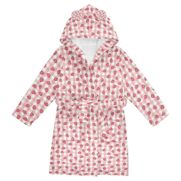 FORMRS Niños Bathrobe Unisex Hooded Robe Soft Plush Pajamas Sleepwear, Size 4-6T, Strawberry Plaid Pattern