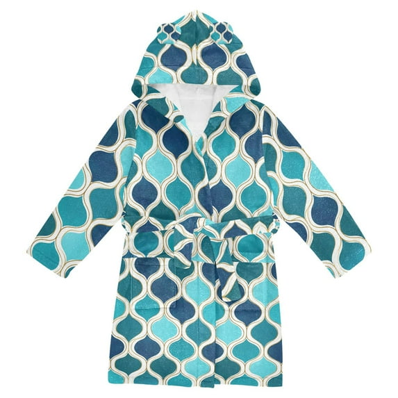 FORMRS Niños Bathrobe Unisex Hooded Robe Soft Plush Pajamas Sleepwear, Size 7-9T, Blue Geometric Pattern