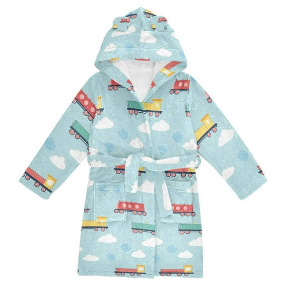 FORMRS Niños Bathrobe Unisex Hooded Robe Soft Plush Pajamas Sleepwear, Size 7-9T, Blue Trains Pattern