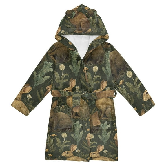 FORMRS Niños Bathrobe Unisex Hooded Robe Soft Plush Pajamas Sleepwear, Size 7-9T, Brown Floral Rabbits Pattern