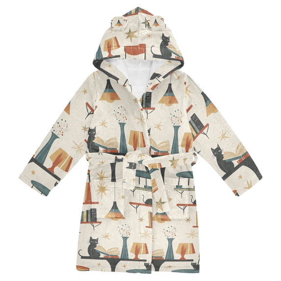 FORMRS Niños Bathrobe Unisex Hooded Robe Soft Plush Pajamas Sleepwear, Size 7-9T, Cats Reading Pattern