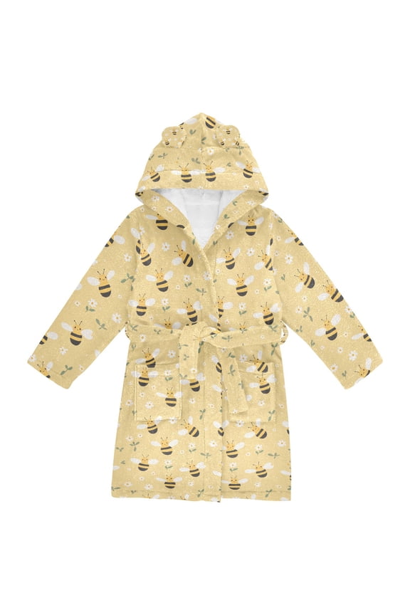 Niños Bathrobe Unisex Hooded Robe Soft Plush Pajamas Sleepwear, Size 7-9T, Cute Bee Pattern