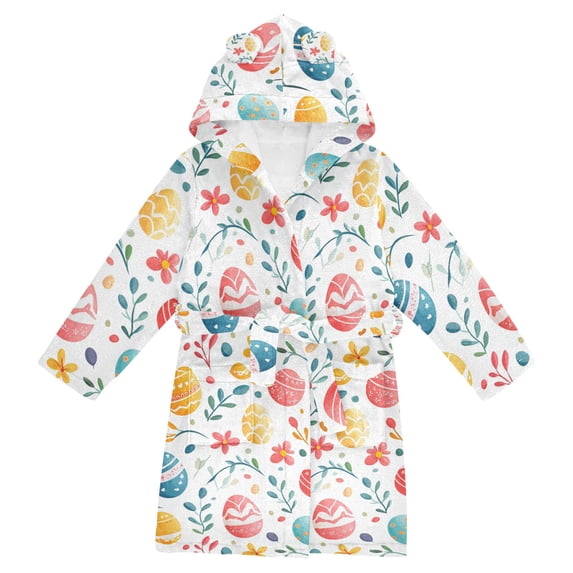 FORMRS Niños Bathrobe Unisex Hooded Robe Soft Plush Pajamas Sleepwear, Size 7-9T, Cute Easter Eggs