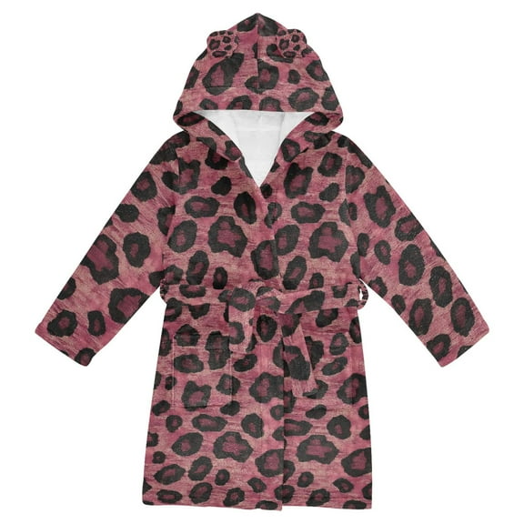 FORMRS Niños Bathrobe Unisex Hooded Robe Soft Plush Pajamas Sleepwear, Size 7-9T, Deep Red Leopard Pattern