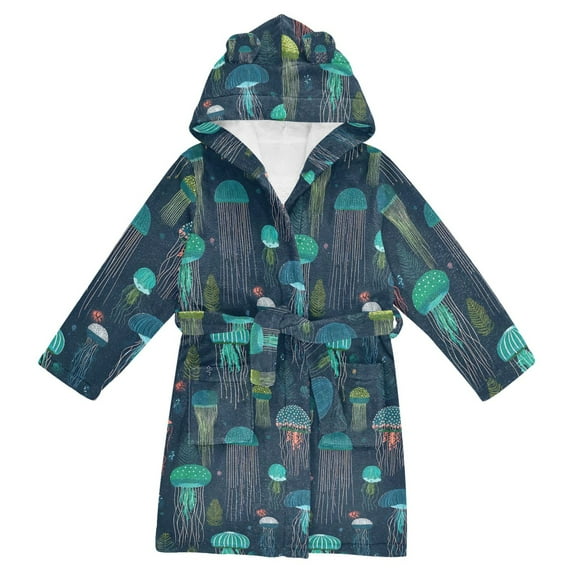 FORMRS Niños Bathrobe Unisex Hooded Robe Soft Plush Pajamas Sleepwear, Size 7-9T, Green Jellyfish Pattern