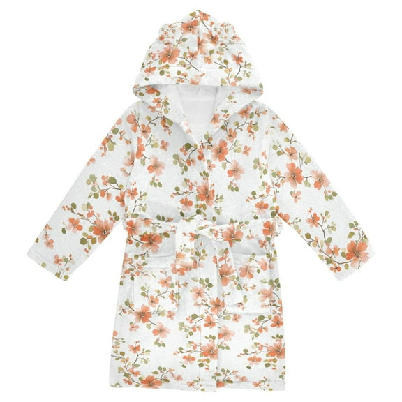 FORMRS Niños Bathrobe Unisex Hooded Robe Soft Plush Pajamas Sleepwear, Size 7-9T, Orange Floral Blooms