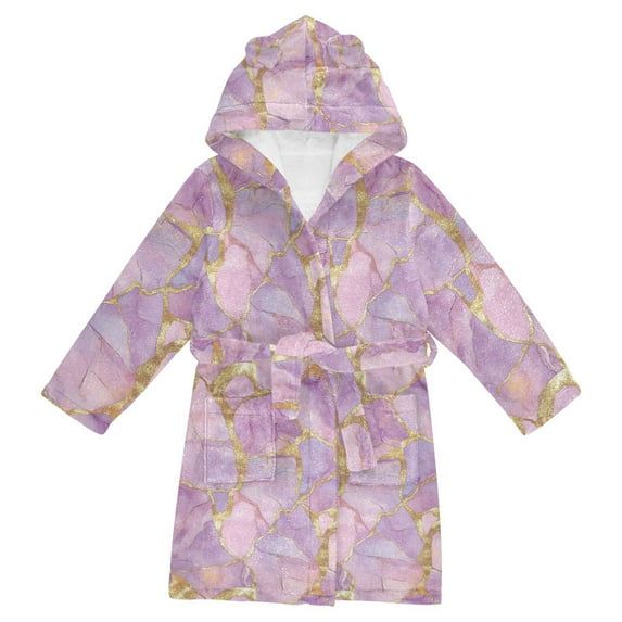 FORMRS Niños Bathrobe Unisex Hooded Robe Soft Plush Pajamas Sleepwear, Size 7-9T, Pastel Pink Marble Pattern