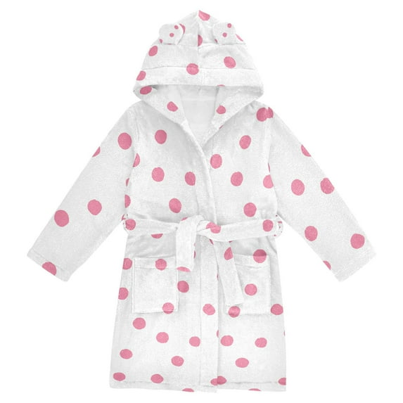 FORMRS Niños Bathrobe Unisex Hooded Robe Soft Plush Pajamas Sleepwear, Size 7-9T, Pink Polka Dots